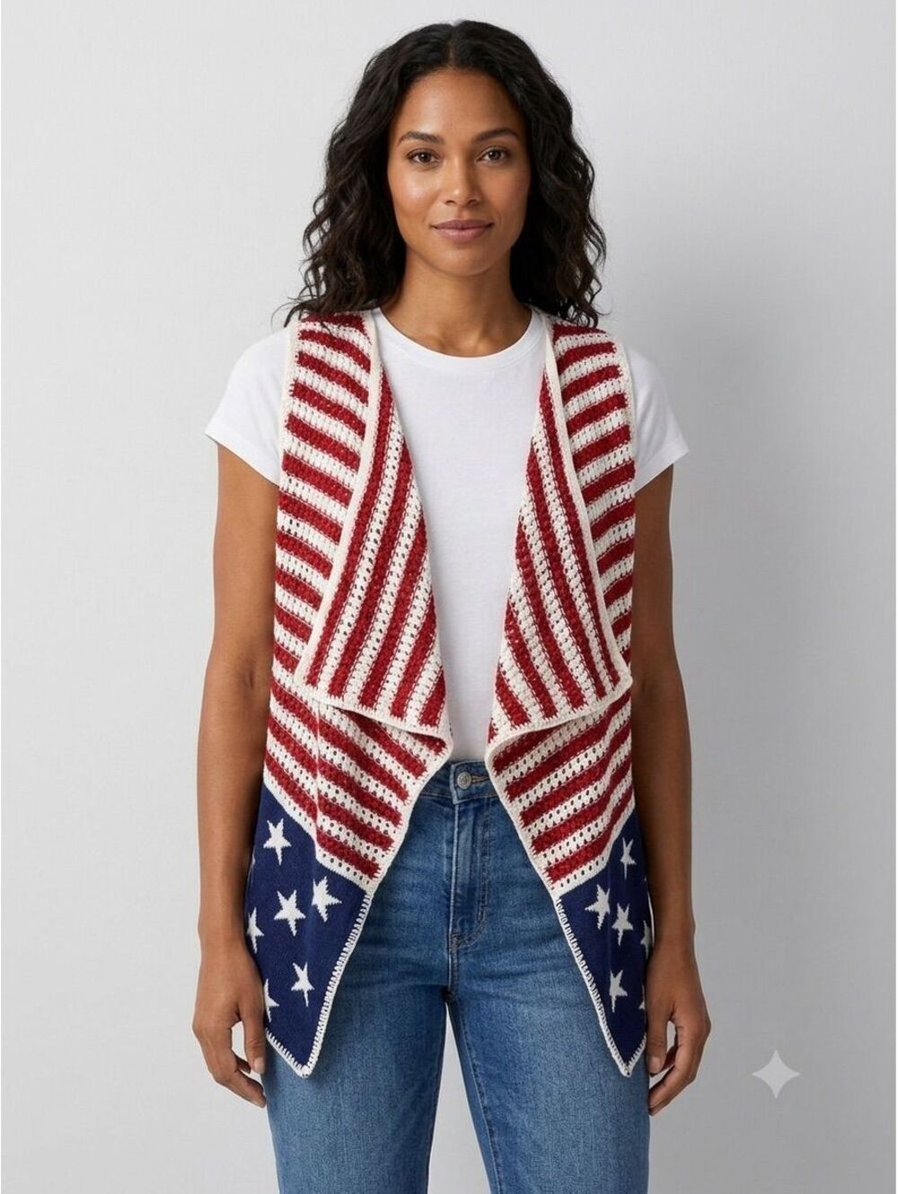 Xhilaration Women’s USA Patriotic M Red white Blue Cardigan Crochet vest stars